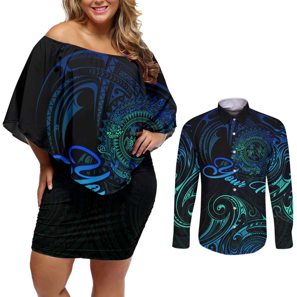 Sea Animal Polynesia Couples Matching Off Shoulder Short Dress and Long Sleeve Button Shirt Polynesian Pattern DT02 Black - Polynesian Pride