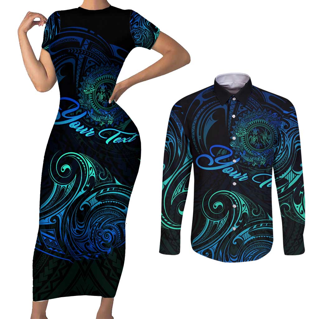 Sea Animal Polynesia Couples Matching Short Sleeve Bodycon Dress and Long Sleeve Button Shirt Polynesian Pattern DT02 Black - Polynesian Pride