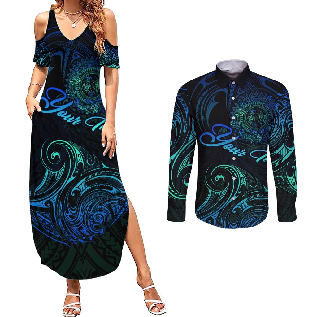 Sea Animal Polynesia Couples Matching Summer Maxi Dress and Long Sleeve Button Shirt Polynesian Pattern DT02 Black - Polynesian Pride
