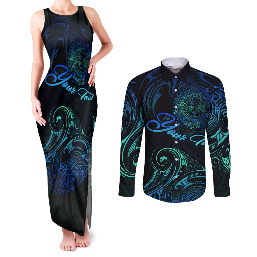 Sea Animal Polynesia Couples Matching Tank Maxi Dress and Long Sleeve Button Shirt Polynesian Pattern DT02 Black - Polynesian Pride
