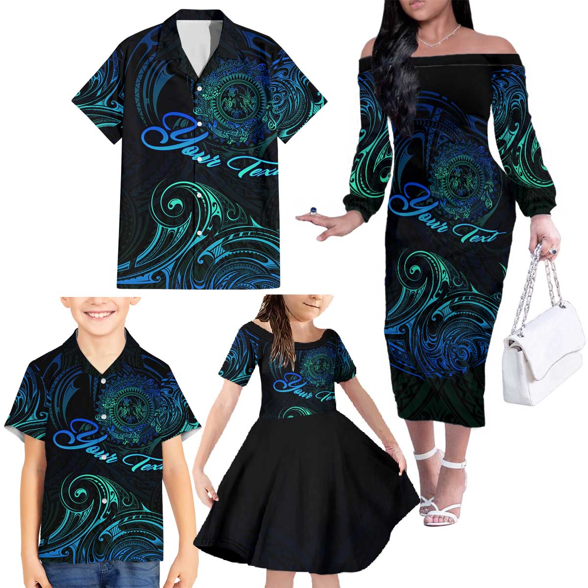 Sea Animal Polynesia Family Matching Off The Shoulder Long Sleeve Dress and Hawaiian Shirt Polynesian Pattern DT02 - Polynesian Pride
