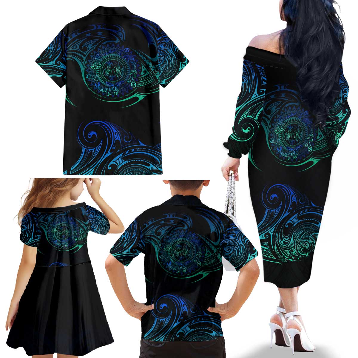 Sea Animal Polynesia Family Matching Off The Shoulder Long Sleeve Dress and Hawaiian Shirt Polynesian Pattern DT02 - Polynesian Pride
