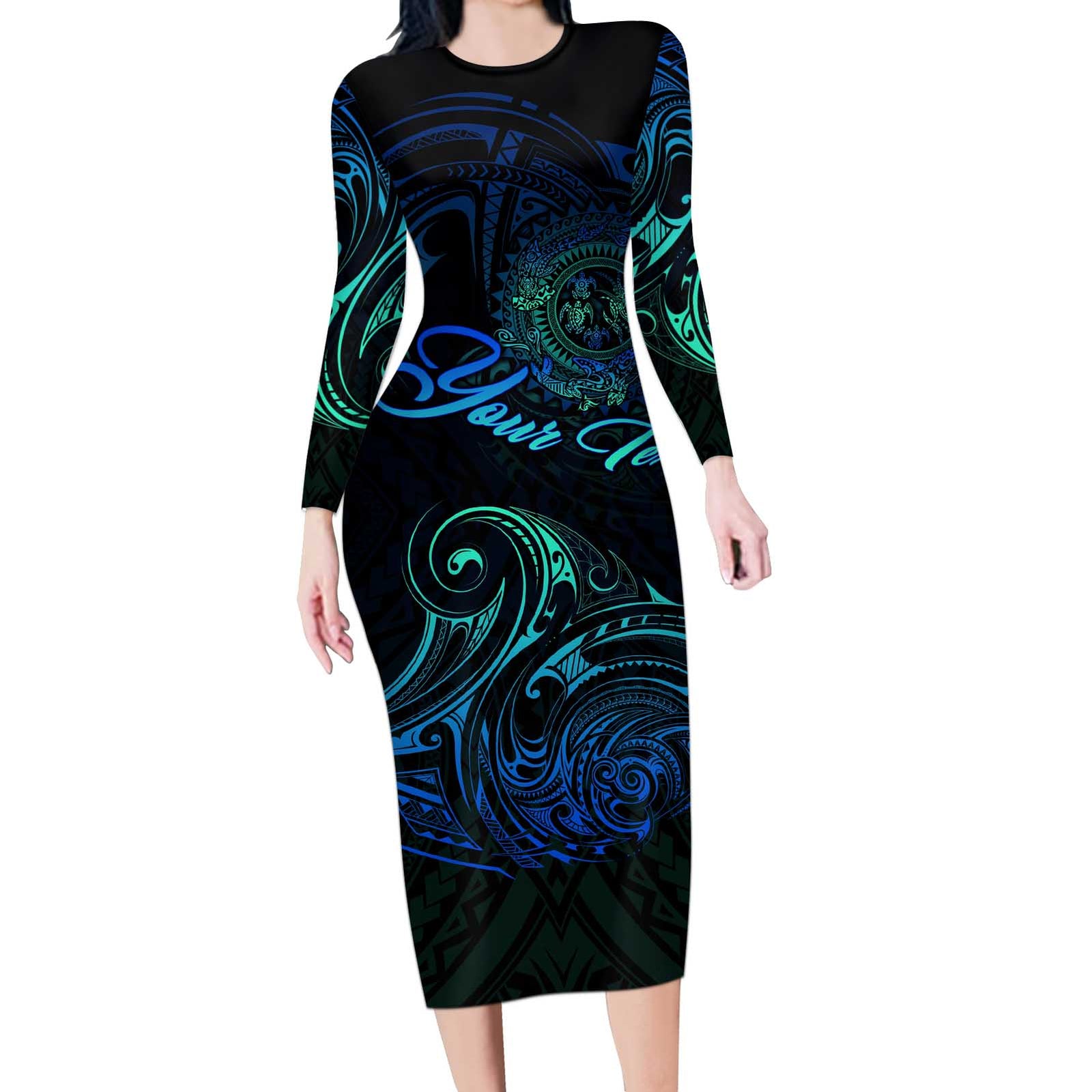 Sea Animal Polynesia Long Sleeve Bodycon Dress Polynesian Pattern DT02 Long Dress Black - Polynesian Pride