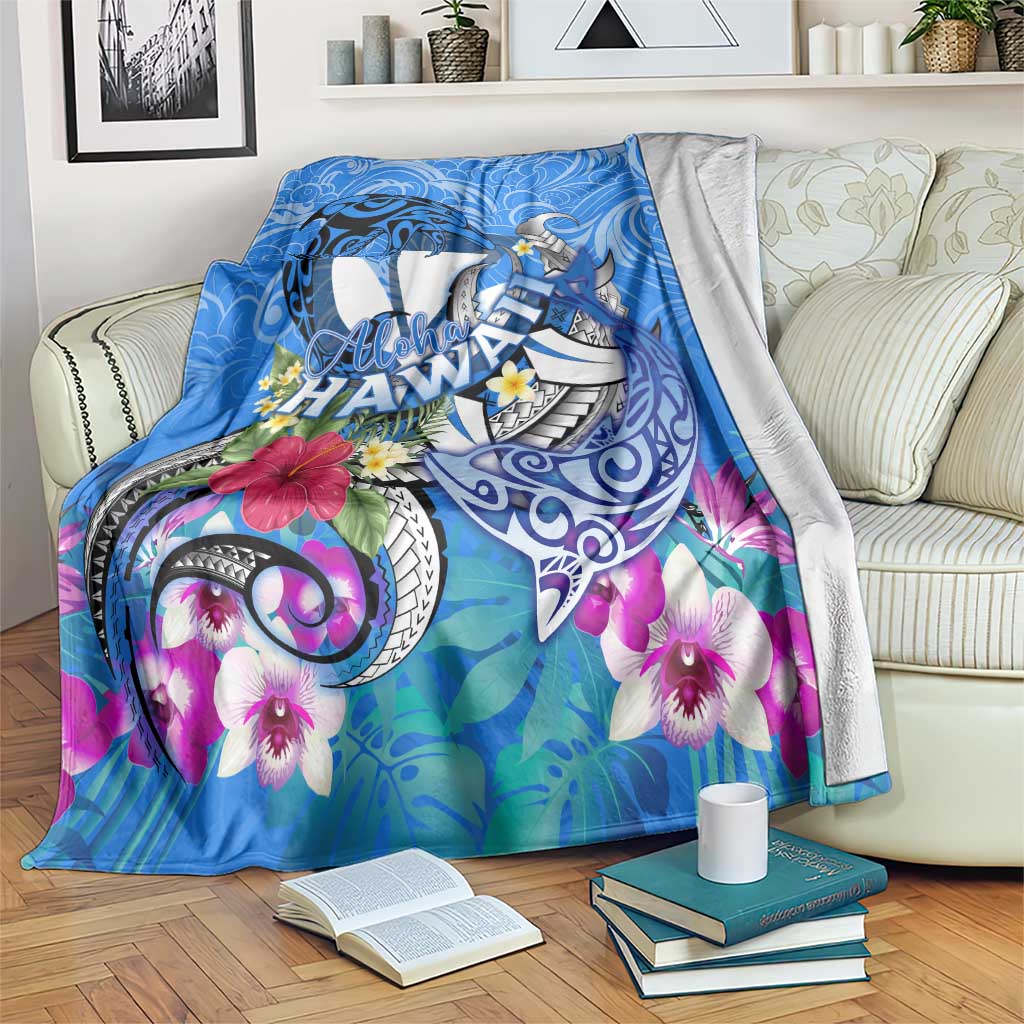 Aloha Hawaii Blanket Dolphins and Fish Hook Hibiscus DT02 Blue - Polynesian Pride