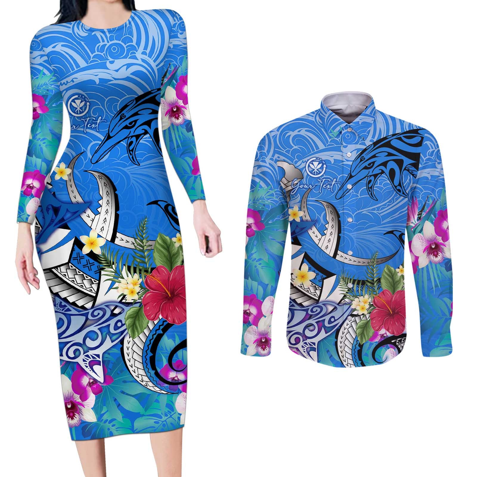 Aloha Hawaii Couples Matching Long Sleeve Bodycon Dress and Long Sleeve Button Shirt Dolphins and Fish Hook Hibiscus DT02 Blue - Polynesian Pride