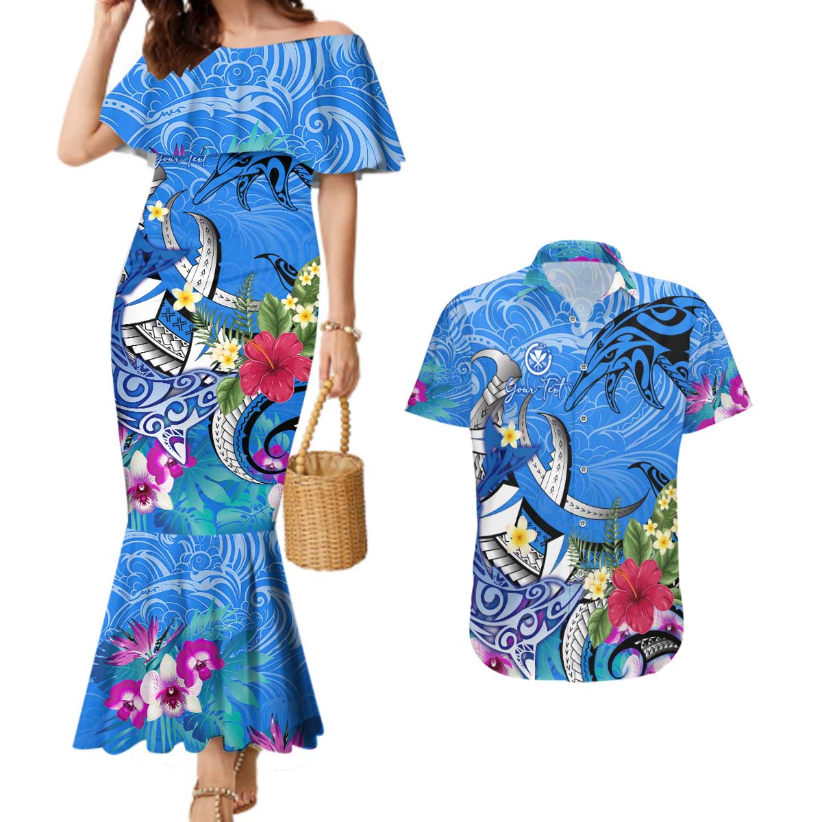 Aloha Hawaii Couples Matching Mermaid Dress and Hawaiian Shirt Dolphins and Fish Hook Hibiscus DT02 Blue - Polynesian Pride
