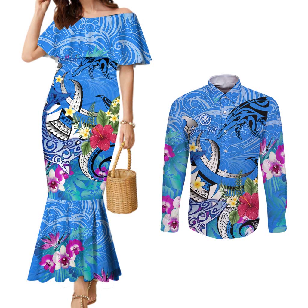 Aloha Hawaii Couples Matching Mermaid Dress and Long Sleeve Button Shirt Dolphins and Fish Hook Hibiscus DT02 Blue - Polynesian Pride