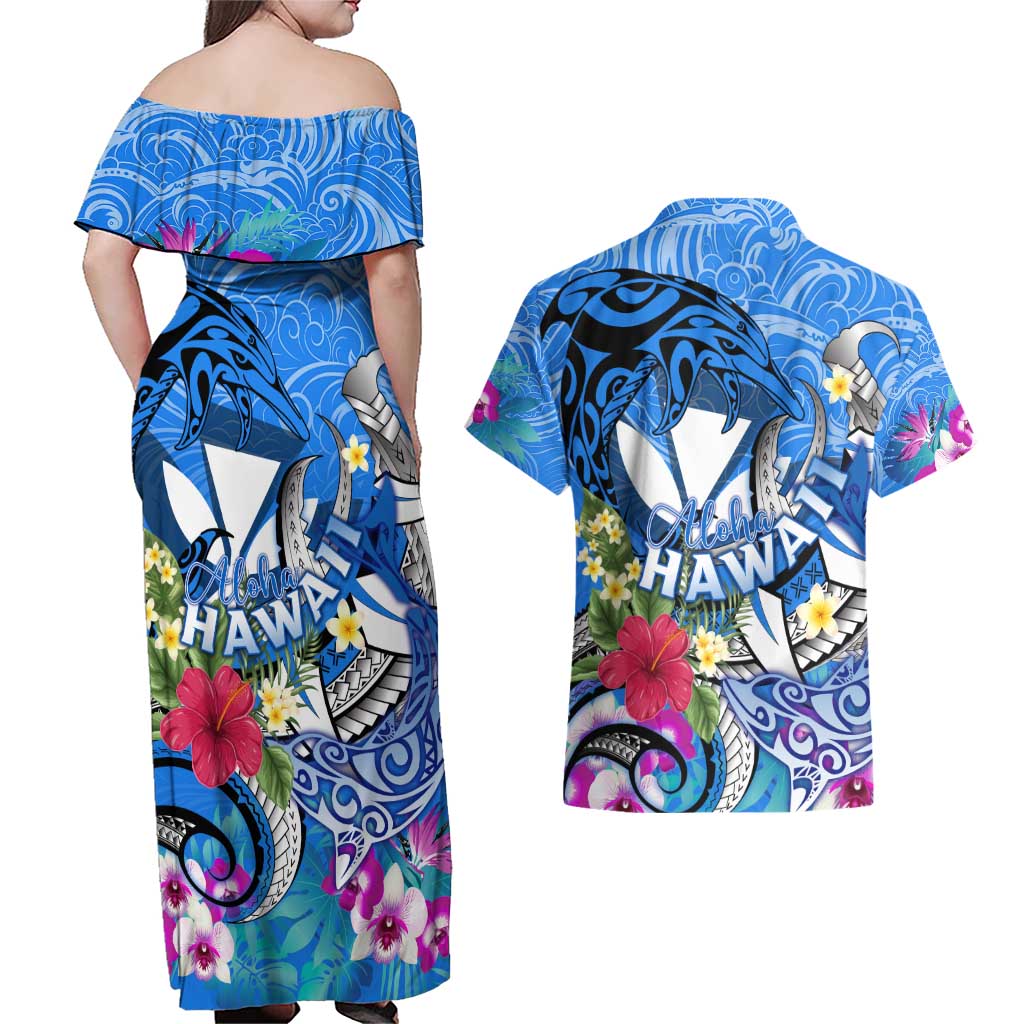 Aloha Hawaii Couples Matching Off Shoulder Maxi Dress and Hawaiian Shirt Dolphins and Fish Hook Hibiscus