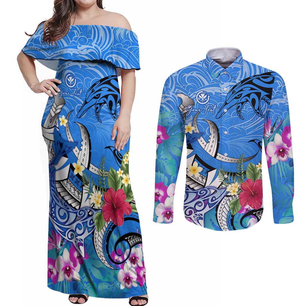 Aloha Hawaii Couples Matching Off Shoulder Maxi Dress and Long Sleeve Button Shirt Dolphins and Fish Hook Hibiscus DT02 Blue - Polynesian Pride