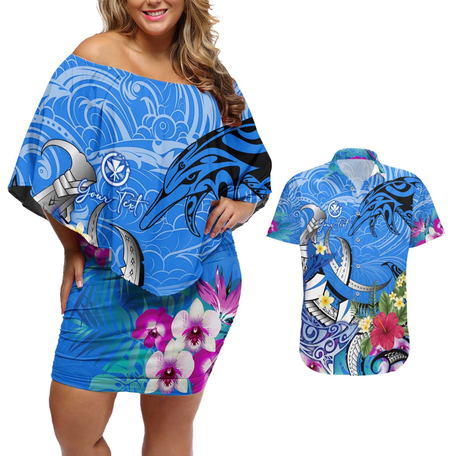 Aloha Hawaii Couples Matching Off Shoulder Short Dress and Hawaiian Shirt Dolphins and Fish Hook Hibiscus DT02 Blue - Polynesian Pride