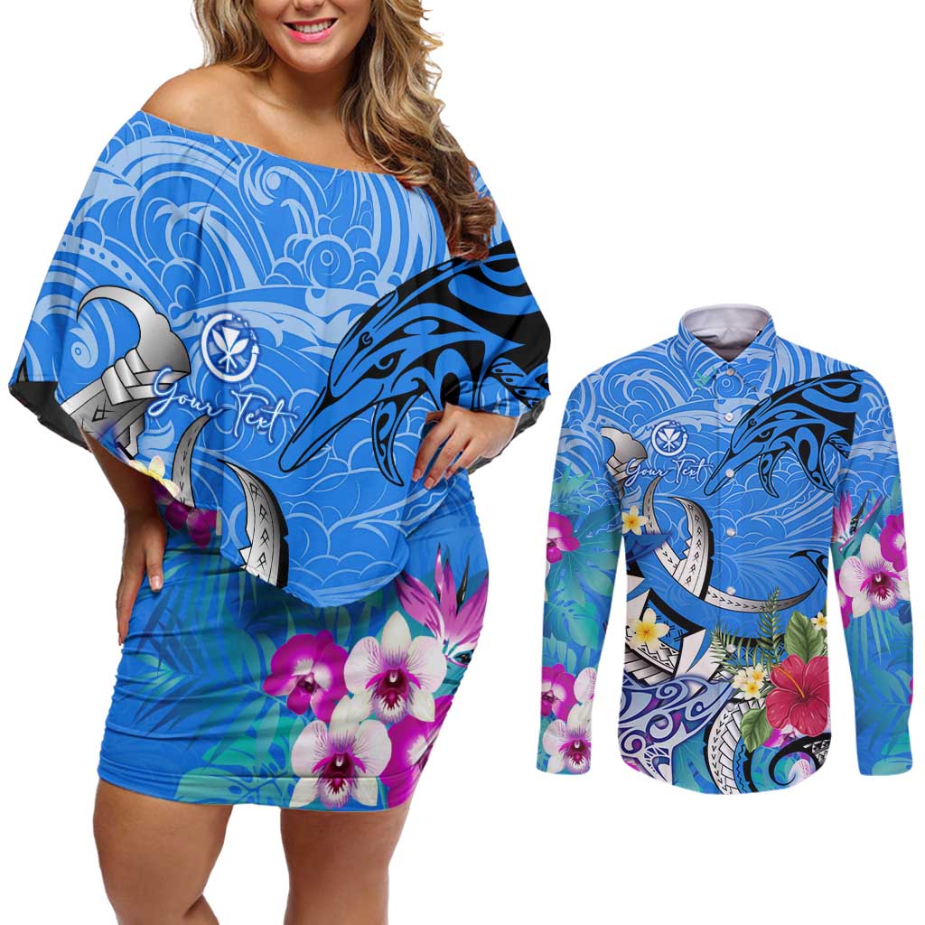 Aloha Hawaii Couples Matching Off Shoulder Short Dress and Long Sleeve Button Shirt Dolphins and Fish Hook Hibiscus DT02 Blue - Polynesian Pride