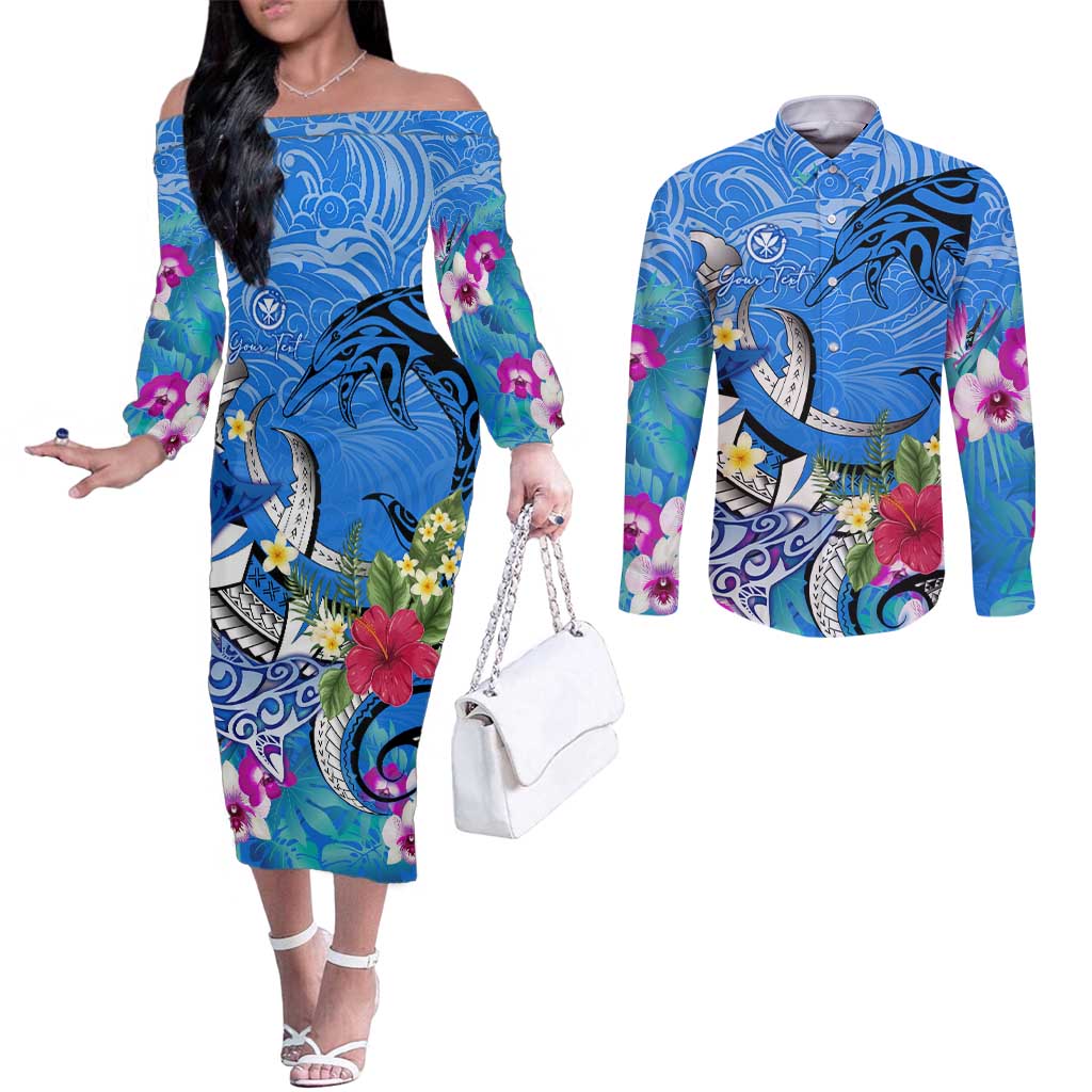 Aloha Hawaii Couples Matching Off The Shoulder Long Sleeve Dress and Long Sleeve Button Shirt Dolphins and Fish Hook Hibiscus DT02 Blue - Polynesian Pride