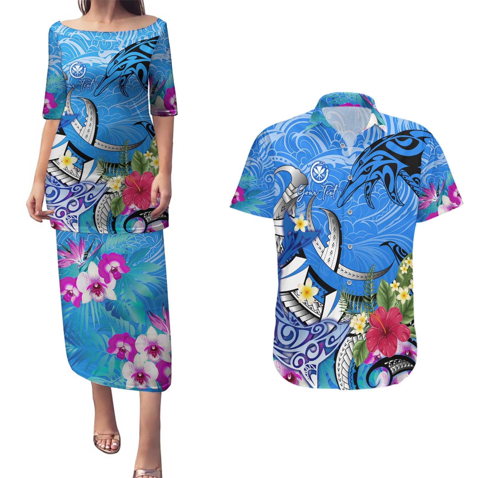 Aloha Hawaii Couples Matching Puletasi and Hawaiian Shirt Dolphins and Fish Hook Hibiscus DT02 Blue - Polynesian Pride