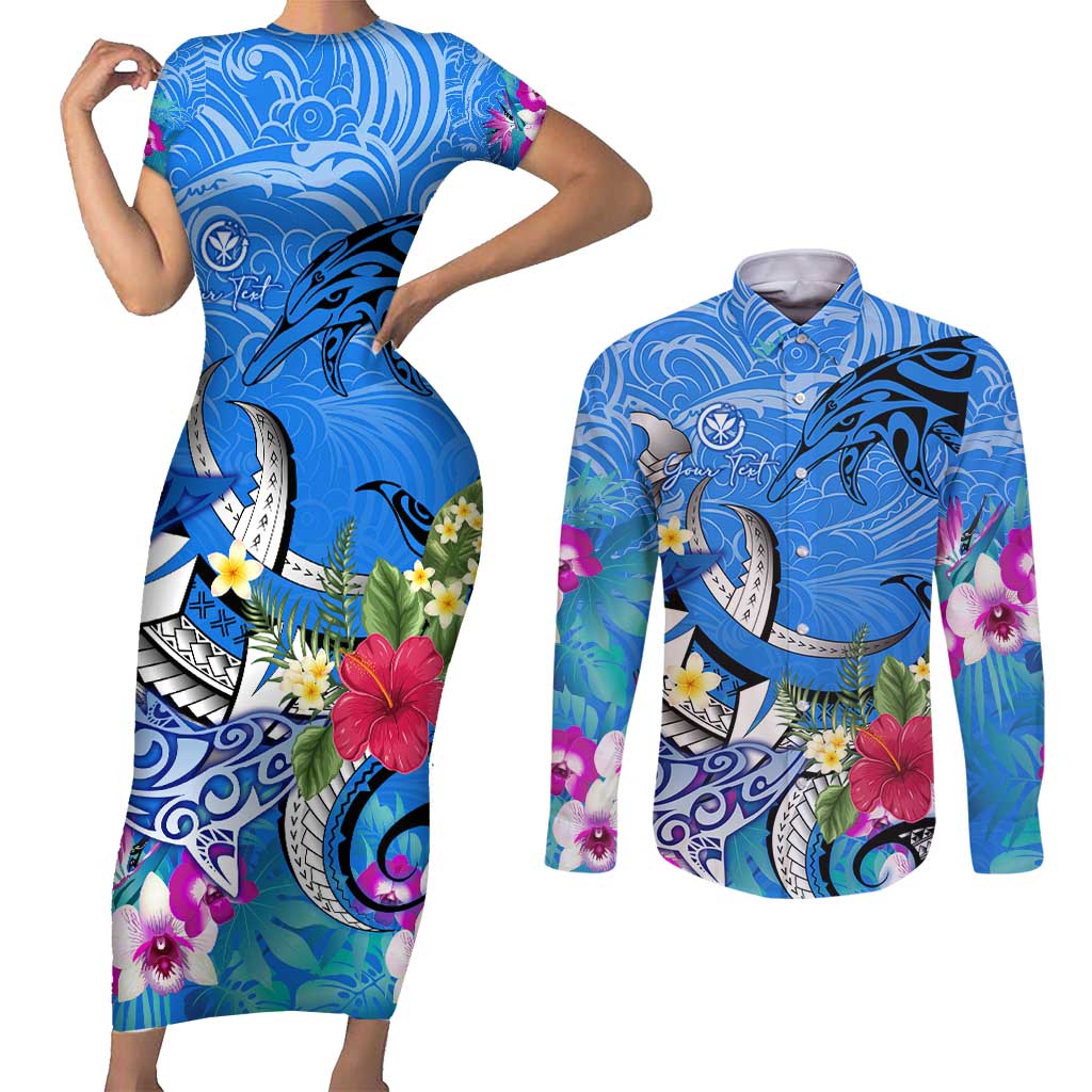 Aloha Hawaii Couples Matching Short Sleeve Bodycon Dress and Long Sleeve Button Shirt Dolphins and Fish Hook Hibiscus DT02 Blue - Polynesian Pride