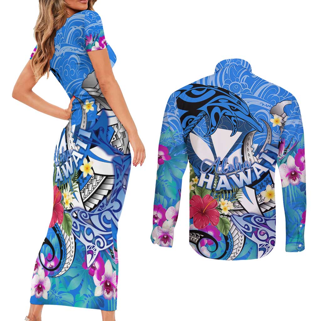 Aloha Hawaii Couples Matching Short Sleeve Bodycon Dress and Long Sleeve Button Shirt Dolphins and Fish Hook Hibiscus