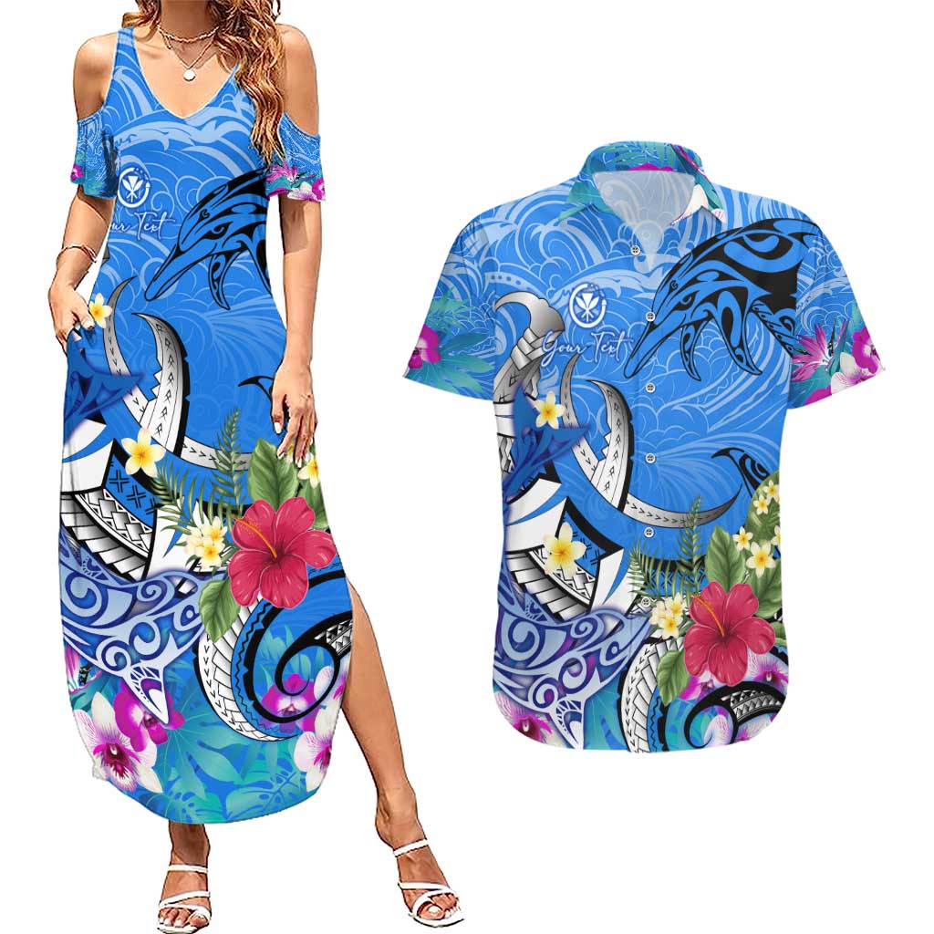 Aloha Hawaii Couples Matching Summer Maxi Dress and Hawaiian Shirt Dolphins and Fish Hook Hibiscus DT02 Blue - Polynesian Pride