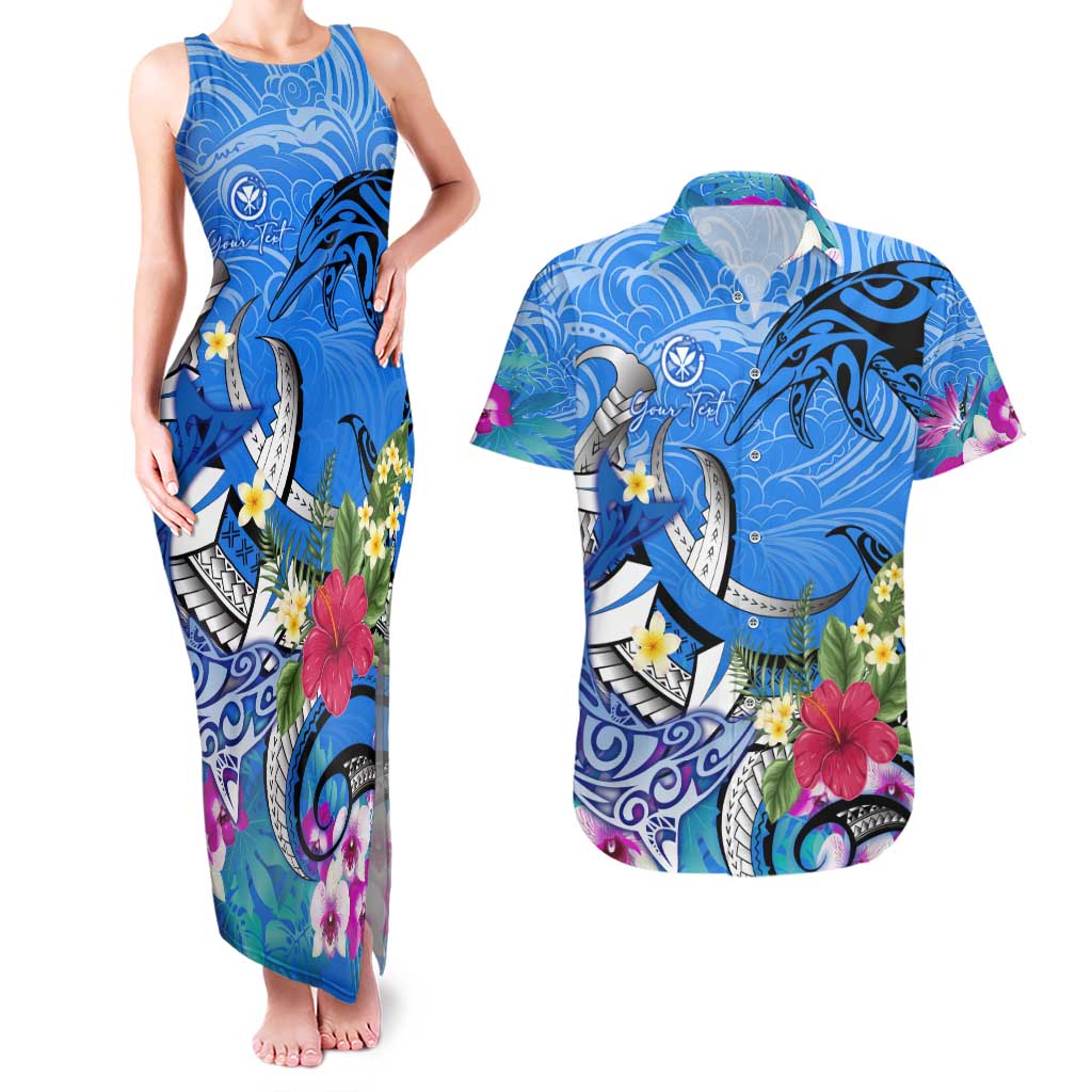Aloha Hawaii Couples Matching Tank Maxi Dress and Hawaiian Shirt Dolphins and Fish Hook Hibiscus DT02 Blue - Polynesian Pride