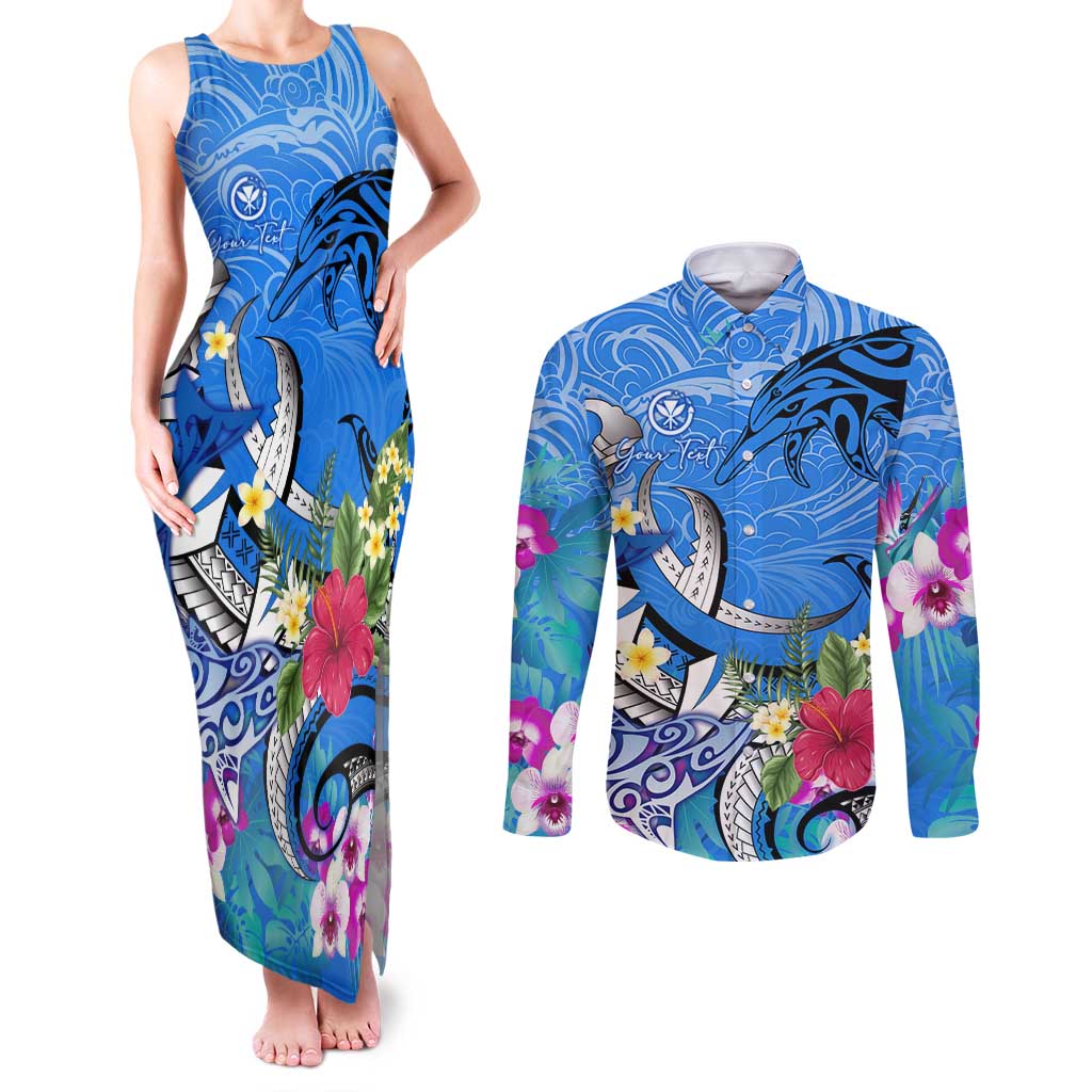 Aloha Hawaii Couples Matching Tank Maxi Dress and Long Sleeve Button Shirt Dolphins and Fish Hook Hibiscus DT02 Blue - Polynesian Pride