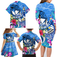 Aloha Hawaii Family Matching Long Sleeve Bodycon Dress and Hawaiian Shirt Dolphins and Fish Hook Hibiscus