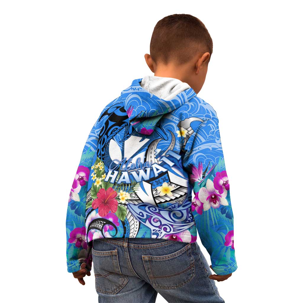 Aloha Hawaii Kid Hoodie Dolphins and Fish Hook Hibiscus