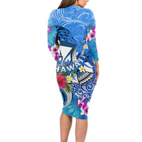 Aloha Hawaii Long Sleeve Bodycon Dress Dolphins and Fish Hook Hibiscus