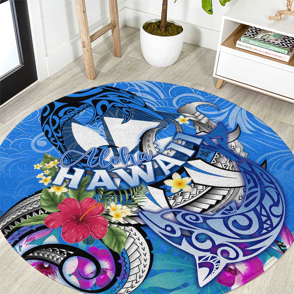 Aloha Hawaii Round Carpet Dolphins and Fish Hook Hibiscus DT02 Blue - Polynesian Pride