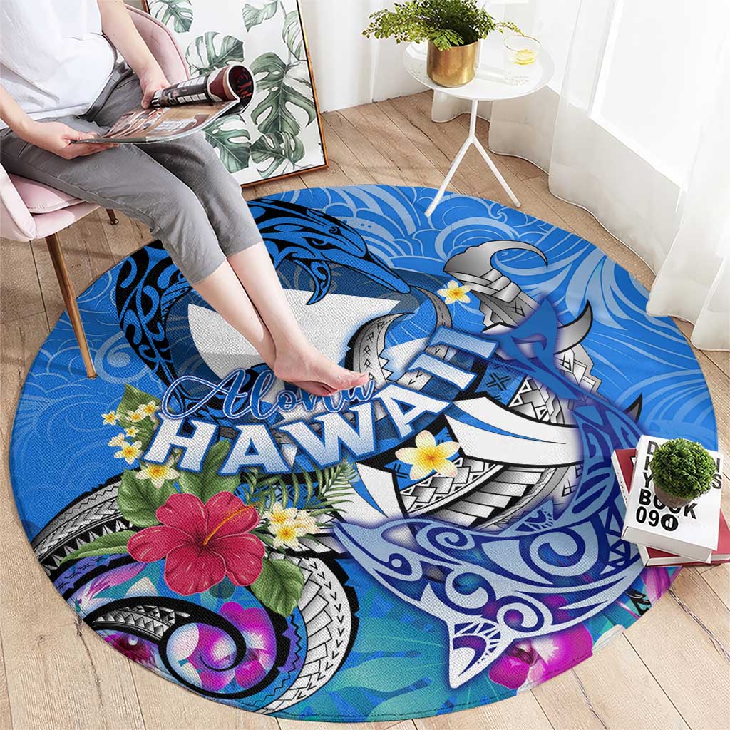Aloha Hawaii Round Carpet Dolphins and Fish Hook Hibiscus