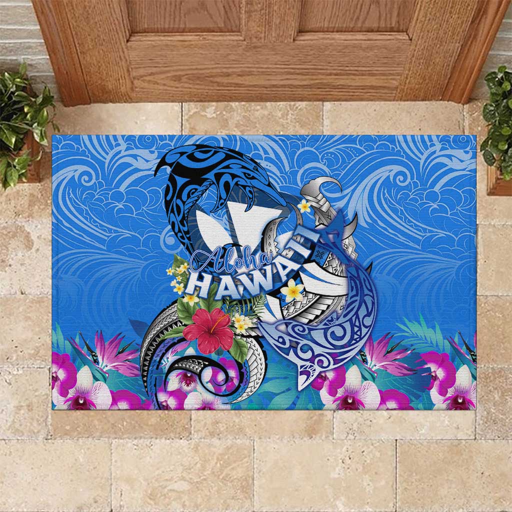 Aloha Hawaii Rubber Doormat Dolphins and Fish Hook Hibiscus