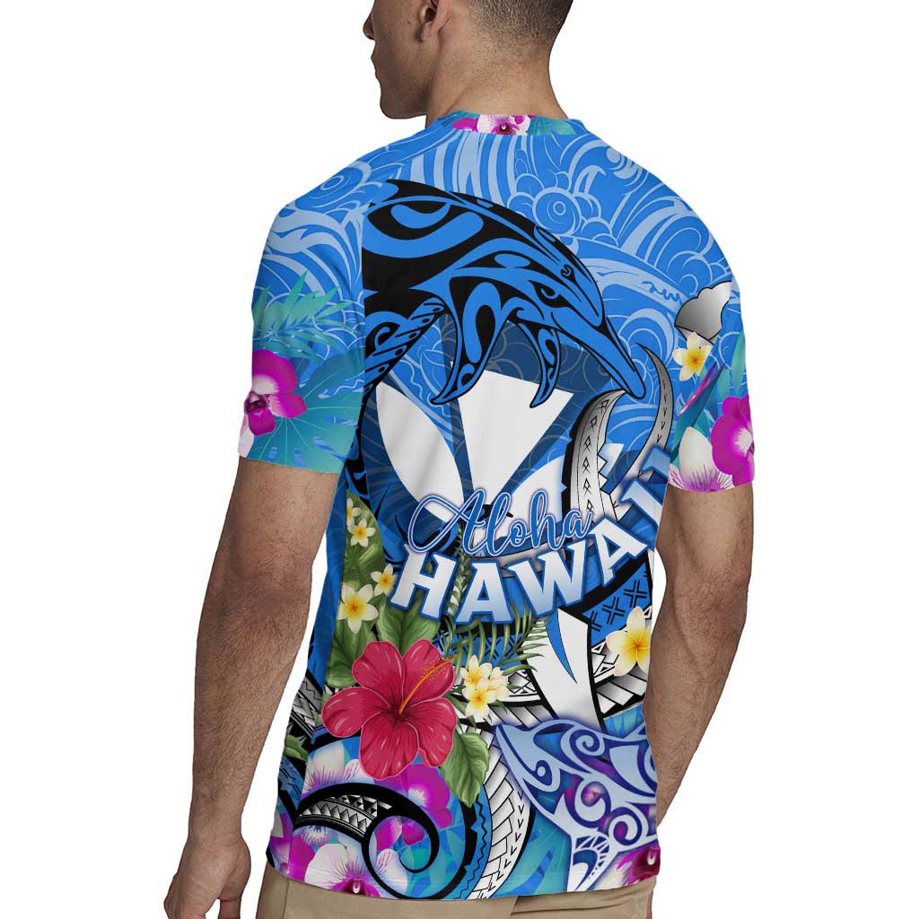 Aloha Hawaii Rugby Jersey Dolphins and Fish Hook Hibiscus