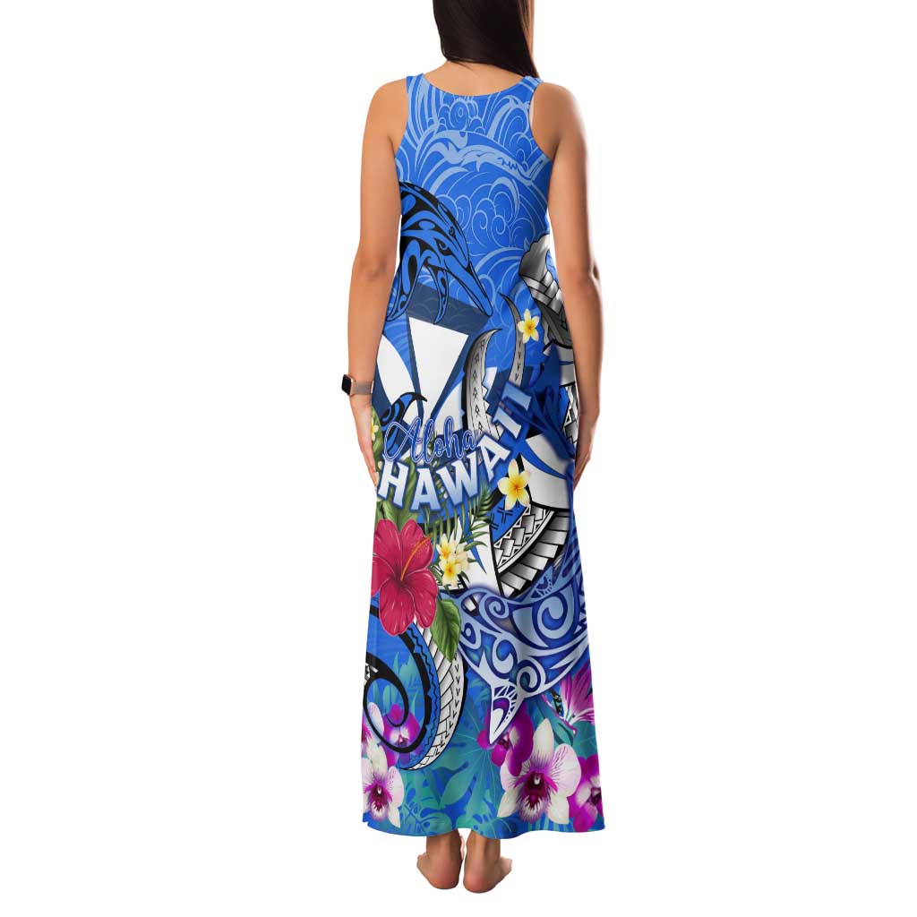 Aloha Hawaii Tank Maxi Dress Dolphins and Fish Hook Hibiscus