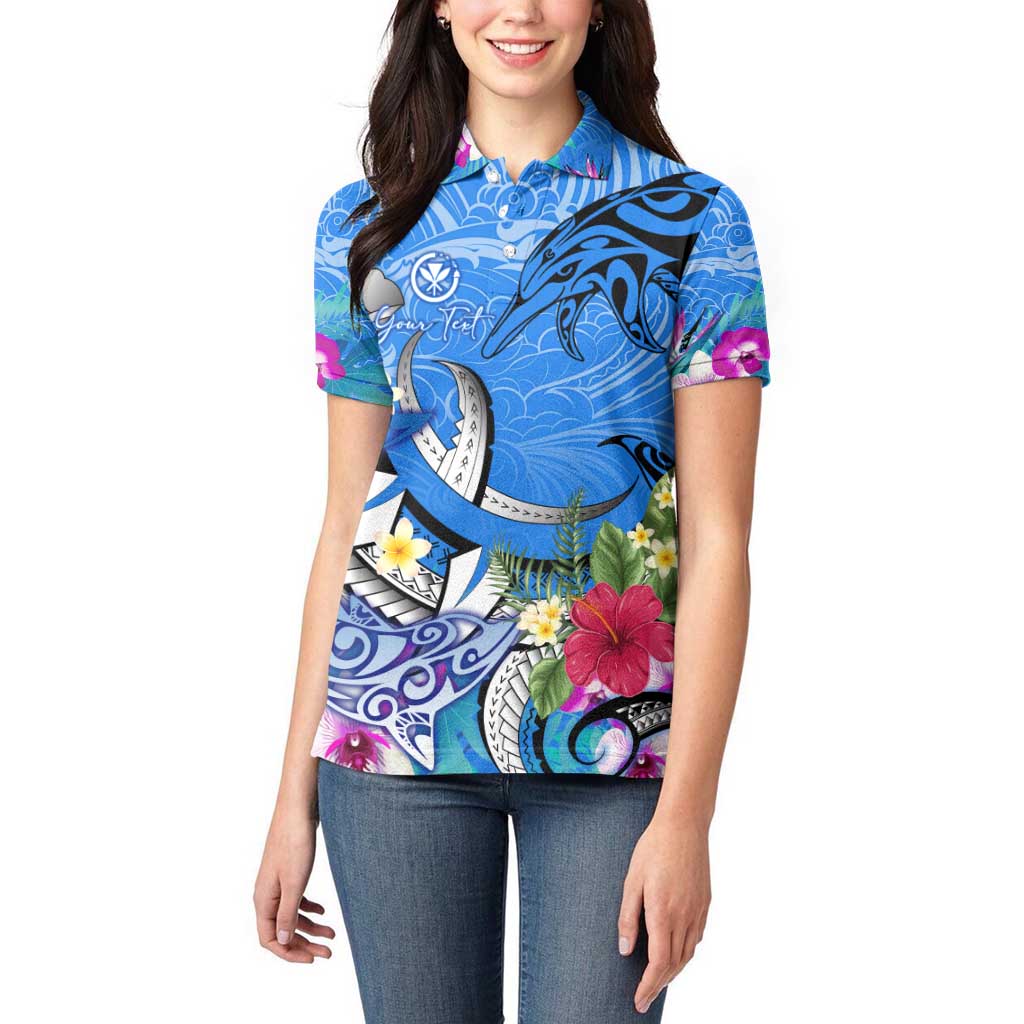 Aloha Hawaii Women Polo Shirt Dolphins and Fish Hook Hibiscus