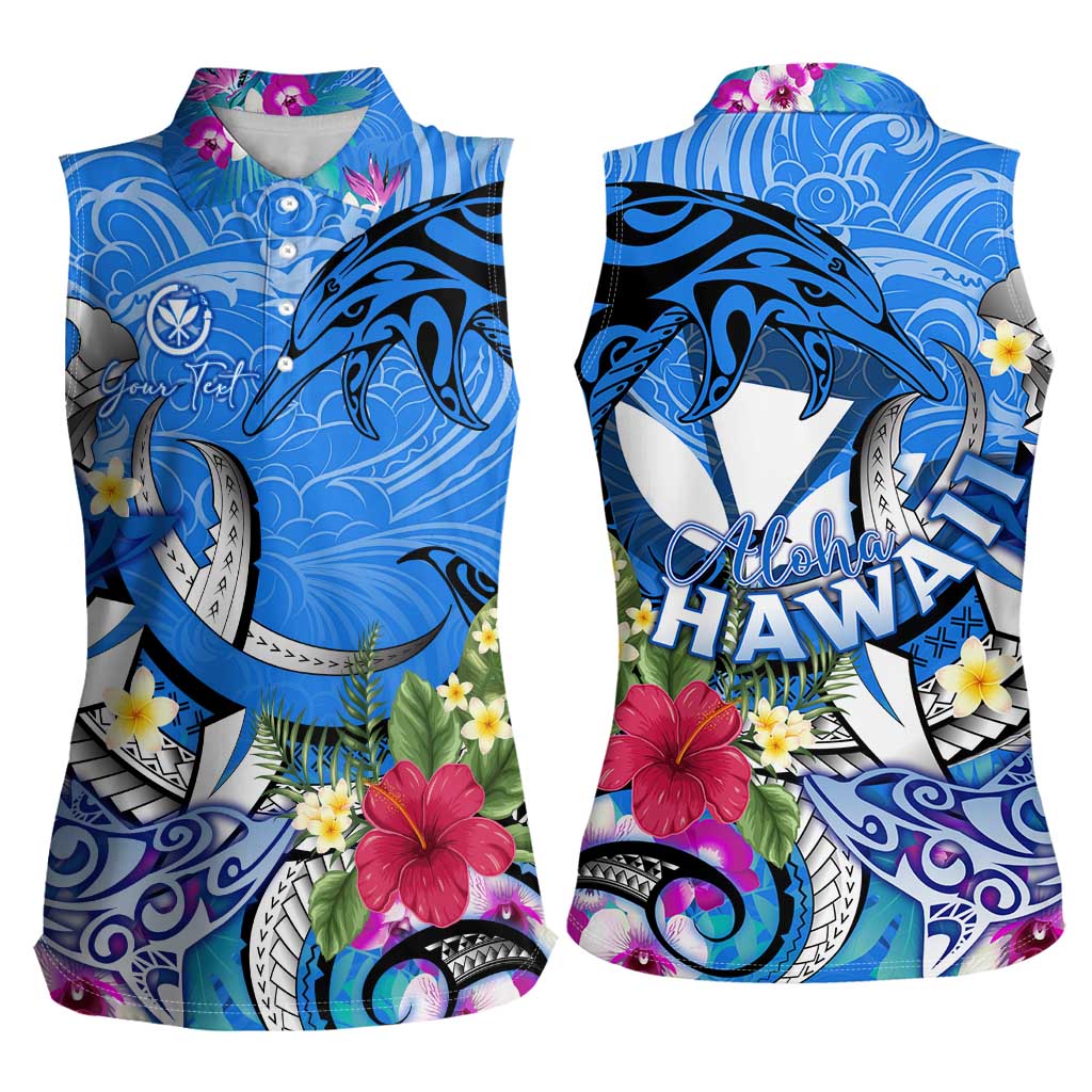 Aloha Hawaii Women Sleeveless Polo Shirt Dolphins and Fish Hook Hibiscus