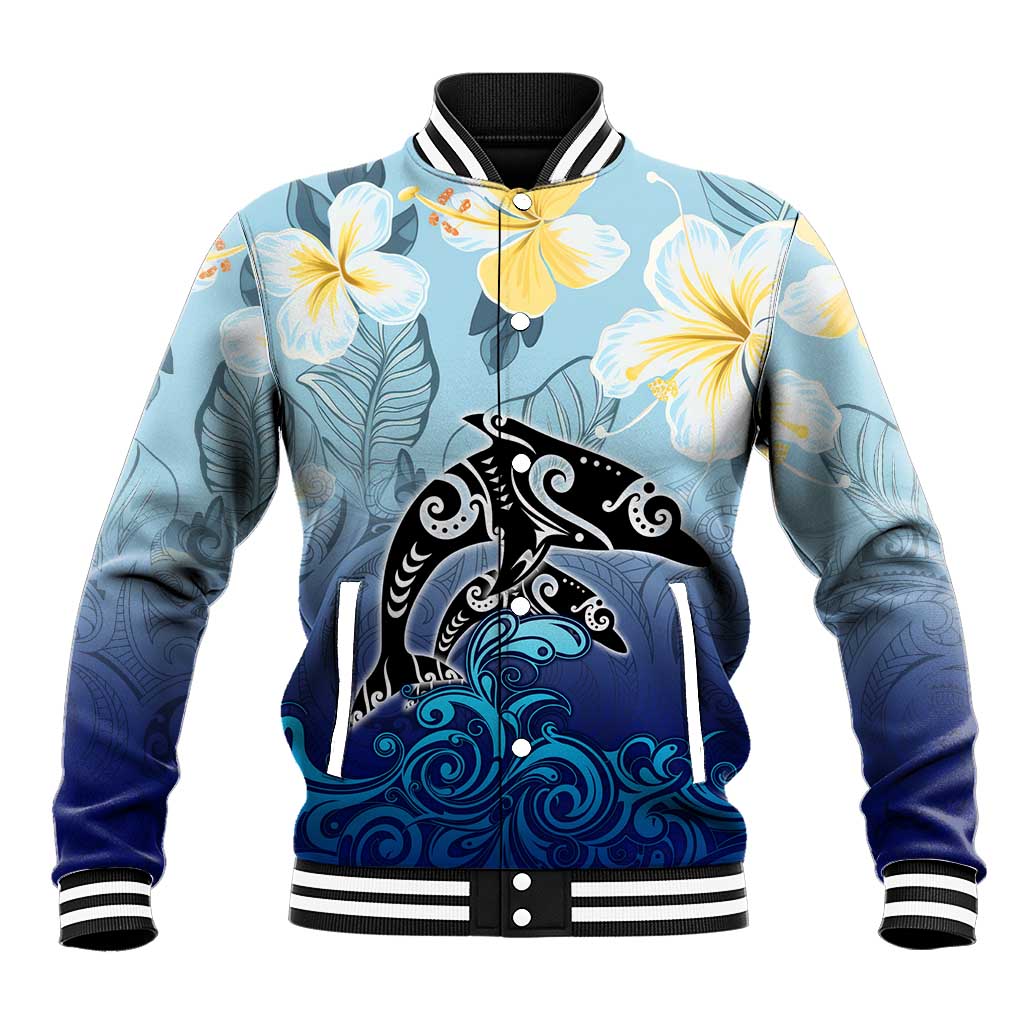 Mother And Baby Dolphins Baseball Jacket Hawaii Hibiscus DT02 Unisex Blue - Polynesian Pride