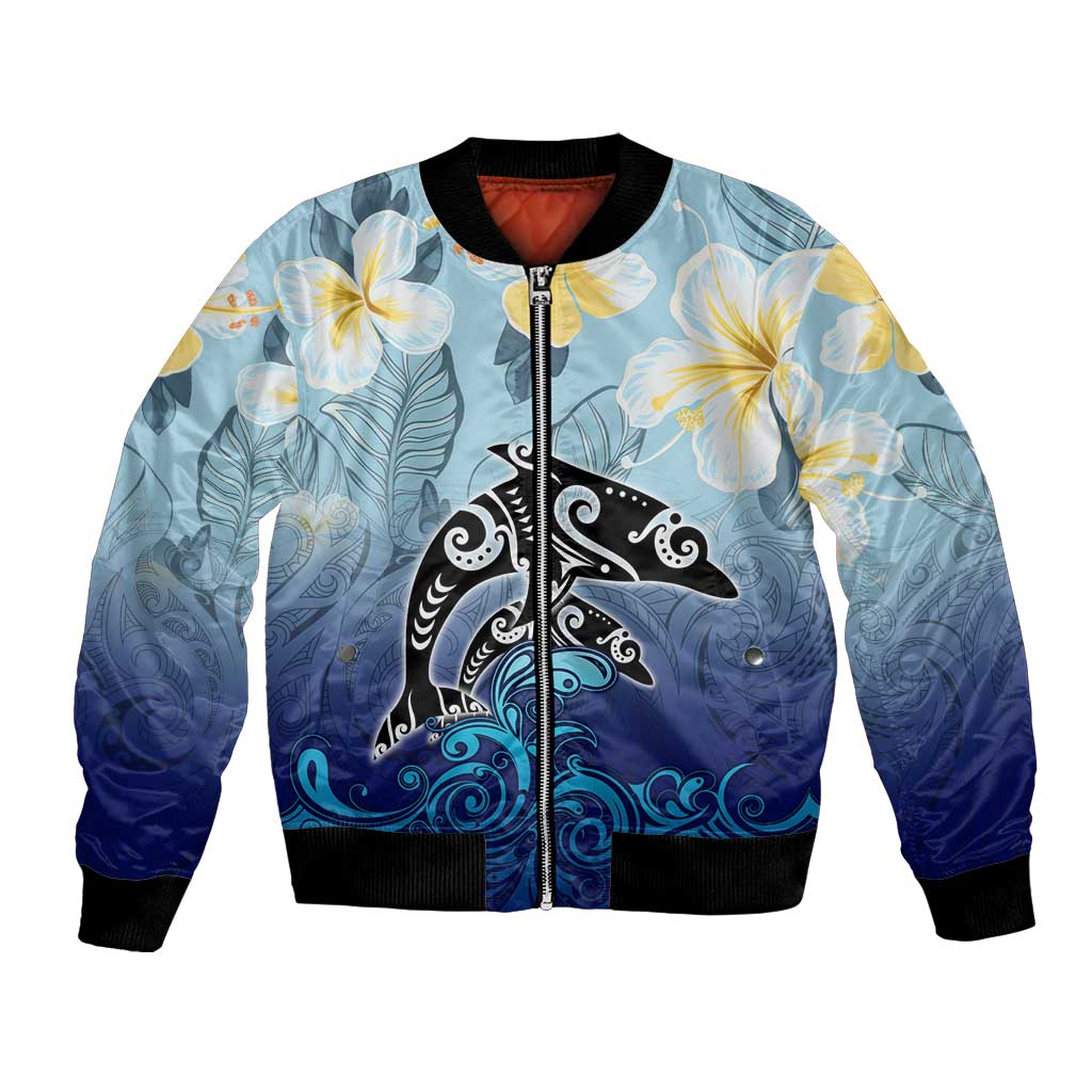 Mother And Baby Dolphins Bomber Jacket Hawaii Hibiscus DT02 Unisex Blue - Polynesian Pride