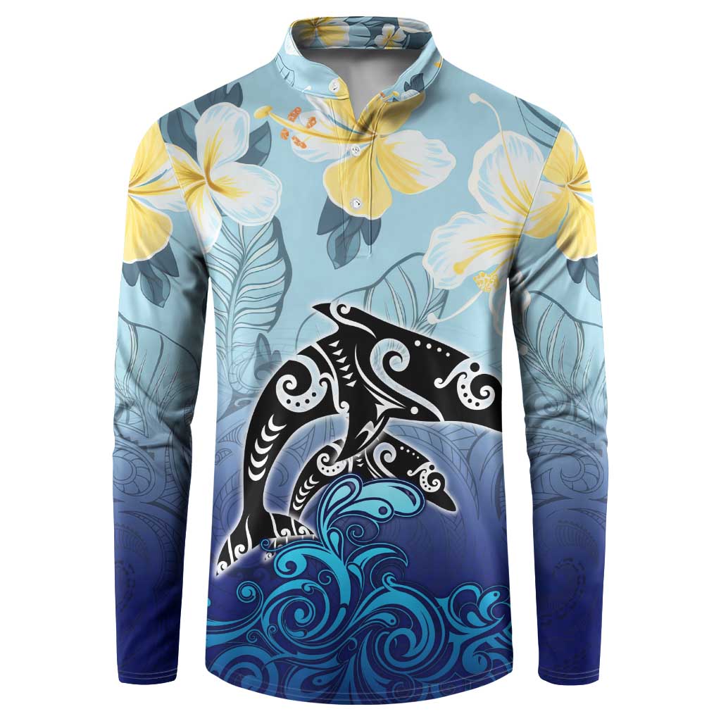 Mother And Baby Dolphins Button Sweatshirt Hawaii Hibiscus DT02 Blue - Polynesian Pride