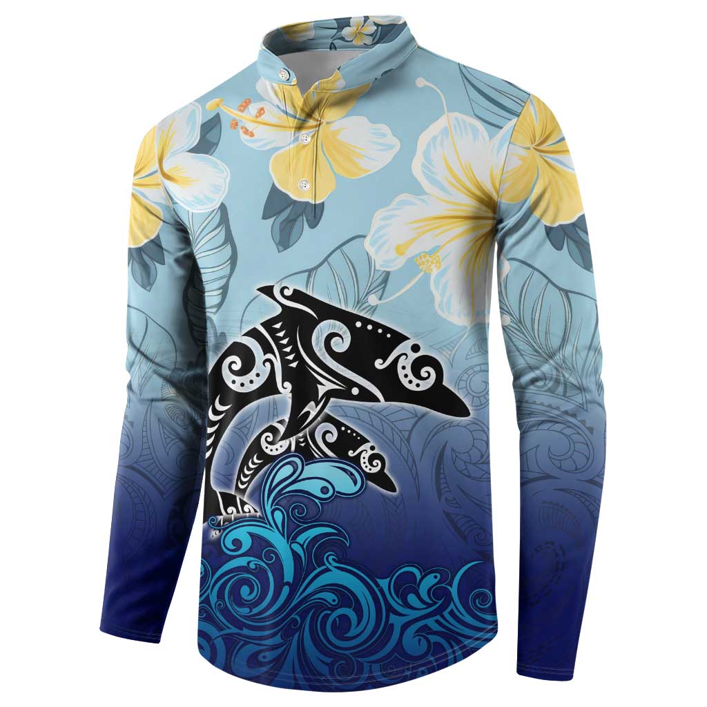 Mother And Baby Dolphins Button Sweatshirt Hawaii Hibiscus