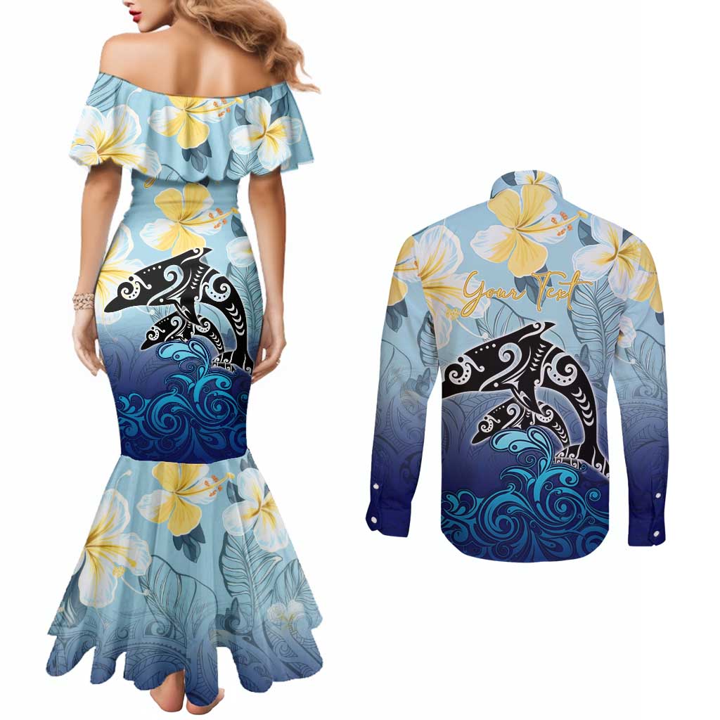 Mother And Baby Dolphins Couples Matching Mermaid Dress and Long Sleeve Button Shirt Hawaii Hibiscus