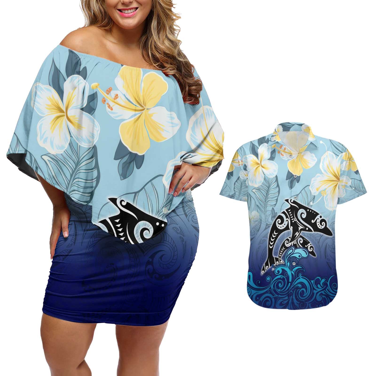 Mother And Baby Dolphins Couples Matching Off Shoulder Short Dress and Hawaiian Shirt Hawaii Hibiscus DT02 Blue - Polynesian Pride