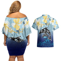 Mother And Baby Dolphins Couples Matching Off Shoulder Short Dress and Hawaiian Shirt Hawaii Hibiscus