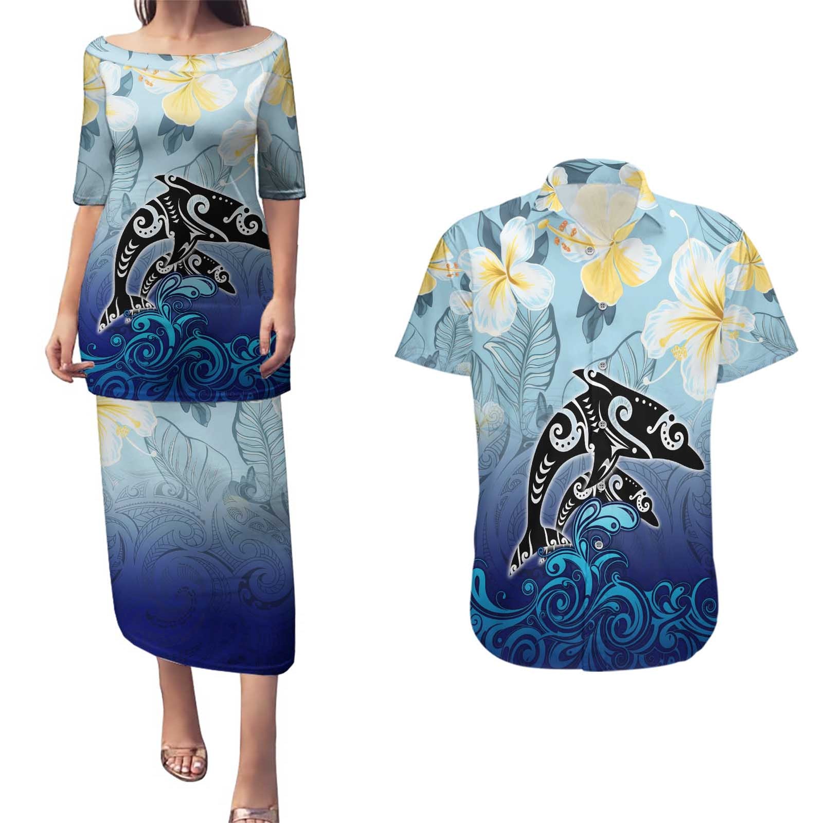 Mother And Baby Dolphins Couples Matching Puletasi and Hawaiian Shirt Hawaii Hibiscus DT02 Blue - Polynesian Pride
