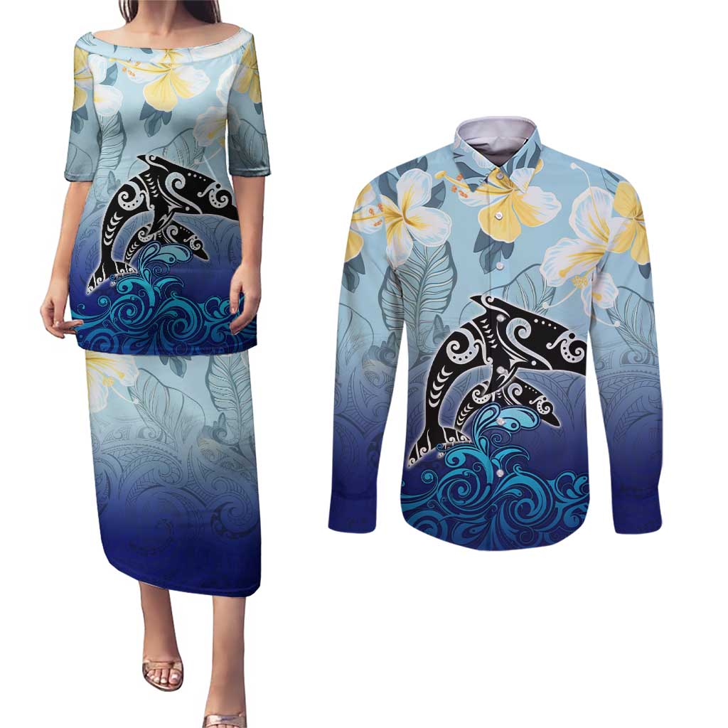 Mother And Baby Dolphins Couples Matching Puletasi and Long Sleeve Button Shirt Hawaii Hibiscus DT02 Blue - Polynesian Pride