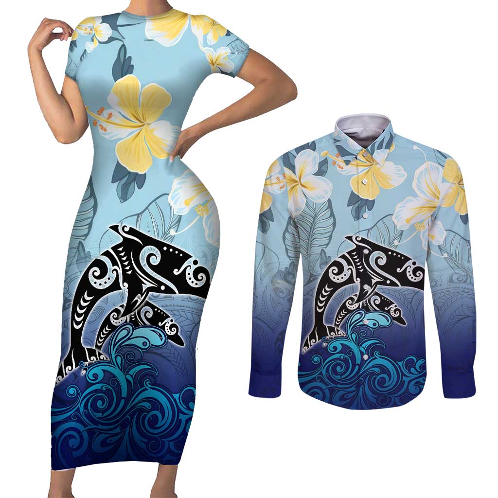 Mother And Baby Dolphins Couples Matching Short Sleeve Bodycon Dress and Long Sleeve Button Shirt Hawaii Hibiscus DT02 Blue - Polynesian Pride