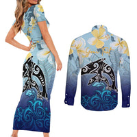 Mother And Baby Dolphins Couples Matching Short Sleeve Bodycon Dress and Long Sleeve Button Shirt Hawaii Hibiscus