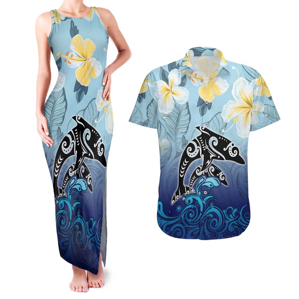 Mother And Baby Dolphins Couples Matching Tank Maxi Dress and Hawaiian Shirt Hawaii Hibiscus DT02 Blue - Polynesian Pride