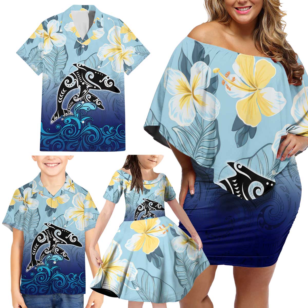 Mother And Baby Dolphins Family Matching Off Shoulder Short Dress and Hawaiian Shirt Hawaii Hibiscus DT02 - Polynesian Pride