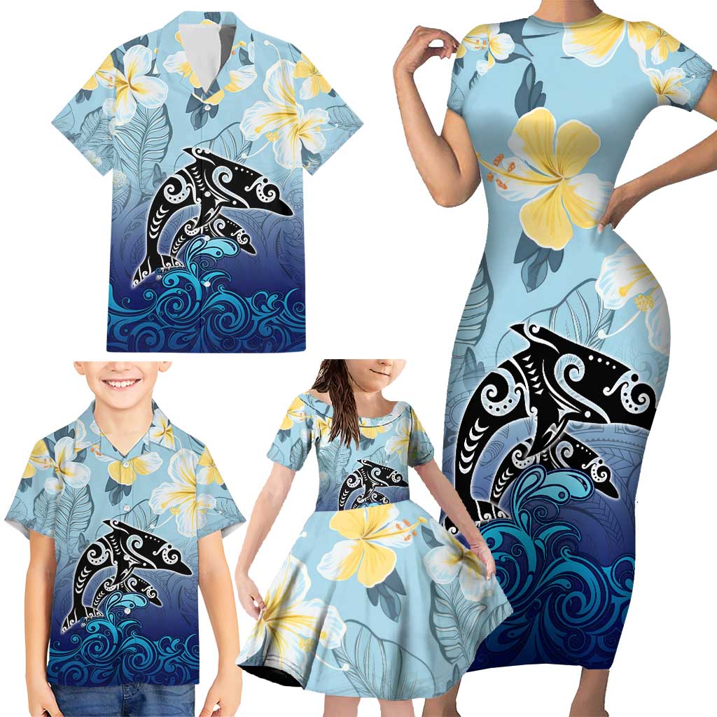 Mother And Baby Dolphins Family Matching Short Sleeve Bodycon Dress and Hawaiian Shirt Hawaii Hibiscus DT02 - Polynesian Pride
