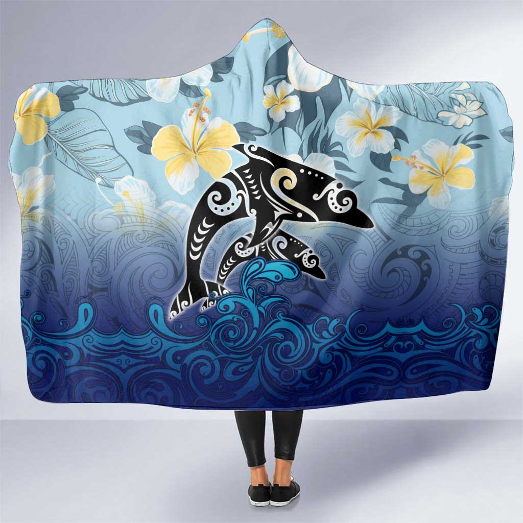 Mother And Baby Dolphins Hooded Blanket Hawaii Hibiscus DT02 One Size Blue - Polynesian Pride