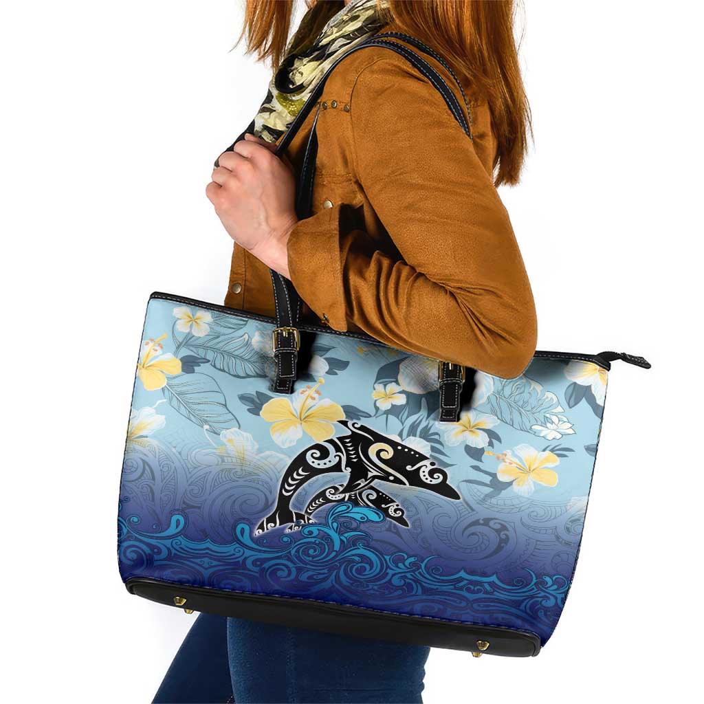 Mother And Baby Dolphins Leather Tote Bag Hawaii Hibiscus DT02 Blue - Polynesian Pride