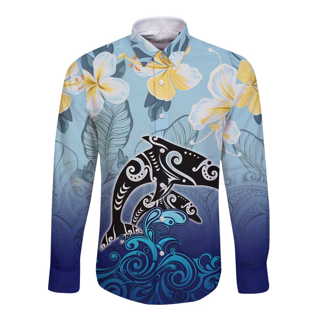 Mother And Baby Dolphins Long Sleeve Button Shirt Hawaii Hibiscus DT02 Unisex Blue - Polynesian Pride