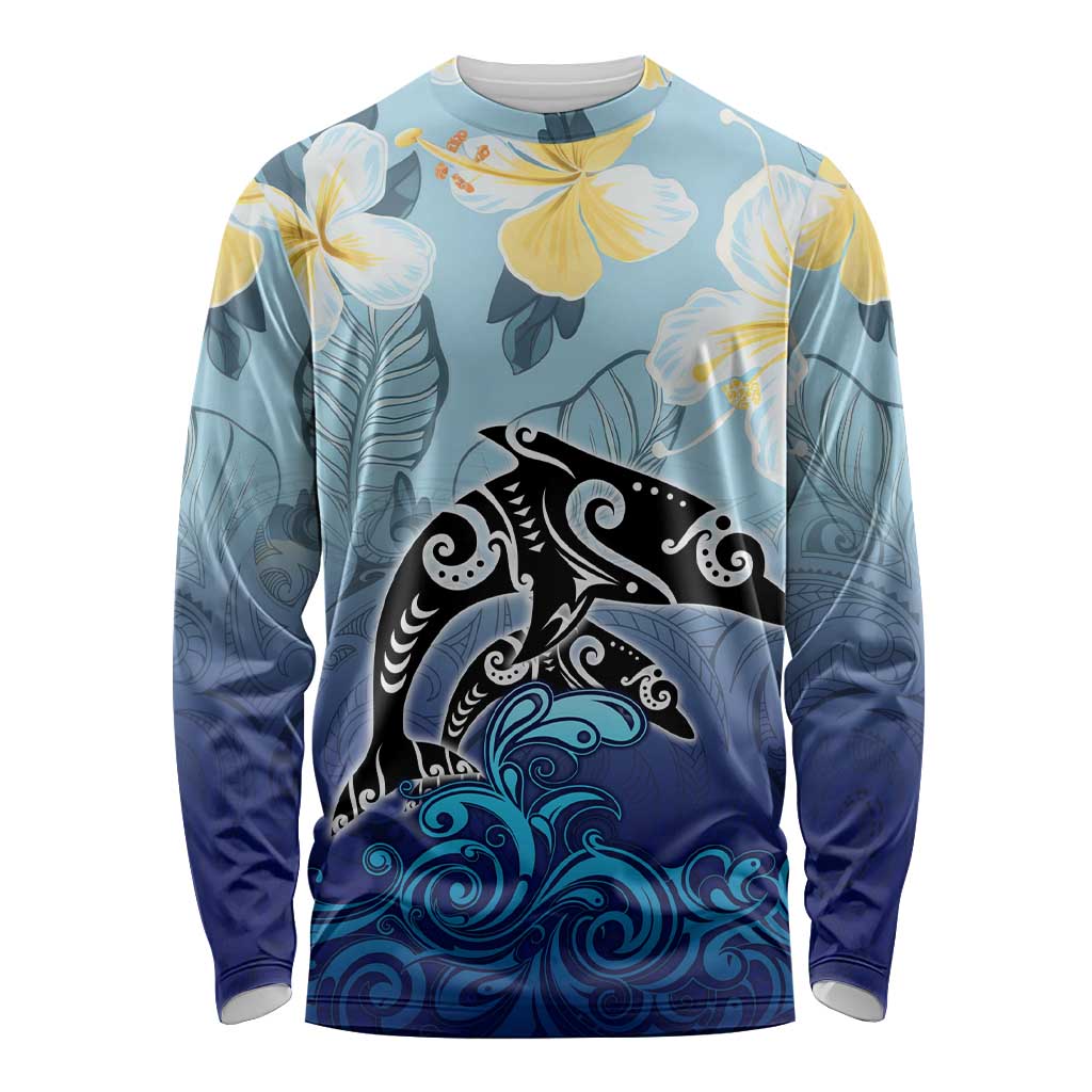 Mother And Baby Dolphins Long Sleeve Shirt Hawaii Hibiscus DT02 Unisex Blue - Polynesian Pride